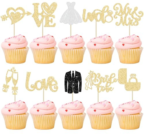 Ephlyn Cupcake-Aufsätze mit glitzerndem Diamanten-Ring, Aufschrift Love I Do, für Brautparty, Hochzeit, Verlobung, Junggesellinnenabschied, Cupcake-Dekorationen, Partyzubehör, goldfarben, 30 Stück