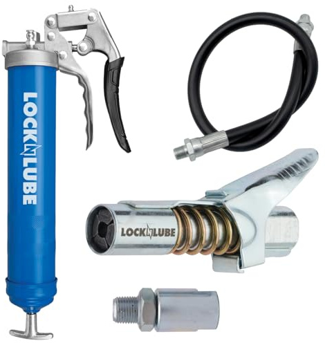 LockNLube Heavy-Duty Pistol Grip Grease Gun (Blue). Includes Our Patented LockNLube® Grease Coupler (Locks On, Stays On, Won't Leak!) Plus a high-Quality 20 Hose and in-line Hose Swivel