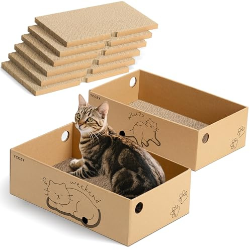 Ycozy Rascador para Gatos con 2 Cajas y 6 Tablas para rascar, Grande XXL, cartón rascador de Doble Cara para Gatos, cartón Intercambiable, Resistente