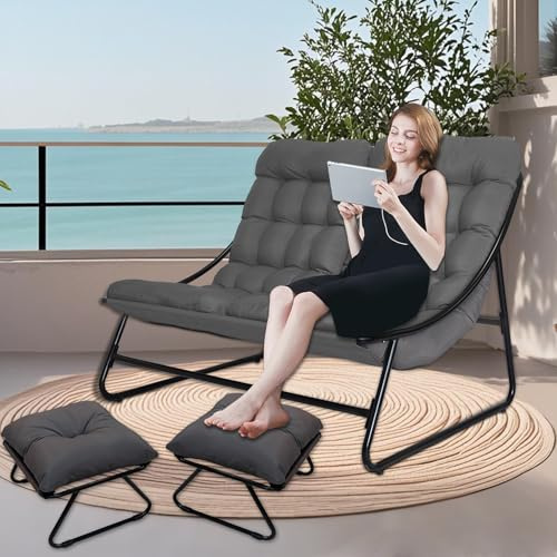 OVLRIJP Loungesessel Outdoor, Outdoorsessel, Doppelliege Outdoor, Gartensessel mit 8cm Auflage Abnehmbar, Gartenliege 2 Personen, Relaxsessel Garten, Relaxliege für Garten,Terrasse (Grau/mit 2 Hocker)