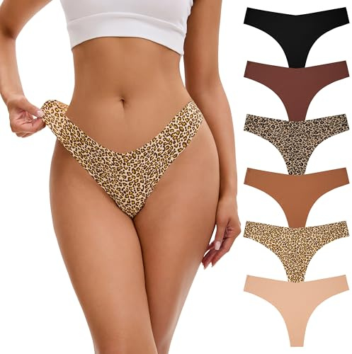 INNERSY Seamless Thongs for Women Tangas Underwear No Show Strings Thong Invisible Pants Multipack 6 (M, 2 Leopard/4 Solid Colours)