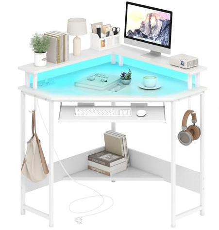 LIFEZEAL Scrivania angolare con luci a LED, scrivania da gaming angolo con telecomando, supporto per monitor e tastiera, tavolo da ufficio con prese e porte USB e tipo C (bianco)