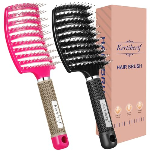 Kertiberif Curved Vented Hair Brush with Boar Bristles, Detangling Brush for Wet and Dry Hair, Paddle Hairbrush for Women Men Kids Curly Thick Fine Long Short Hair (2 Pack, Nylon & Boar Bristle)
