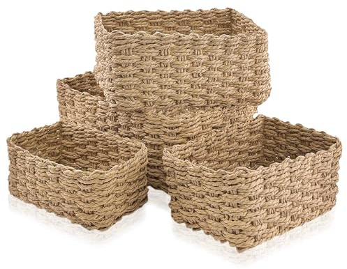 4 PCS Wicker Basket, Small Wicker Baskets for Hampers Gifts, Multifunctional Woven Storage Baskets Empty for Home Decor, Bin Organizer Divider for Cupboards Drawer Closet Shelf Dresser