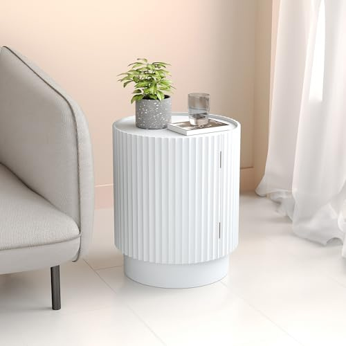 [en.casa] Beistelltisch rund Rill mit Tür 2 Fächer innen Wohnzimmertisch gerillt 49 x Ø40 cm Nachttisch Sofatisch Flur Weiß