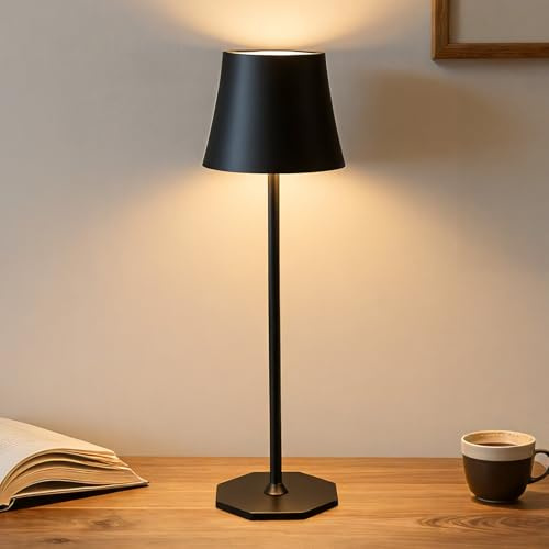 Aloo LED Lámpara de Mesa Inalámbrica,Lámpara LED Recargable,Táctil y Regulable con 3 Tonos,Lámpara Inalámbrica Metálica Diseño Portátil Desmontable para Dormitorio,Oficina,Inter Exterior,Negro