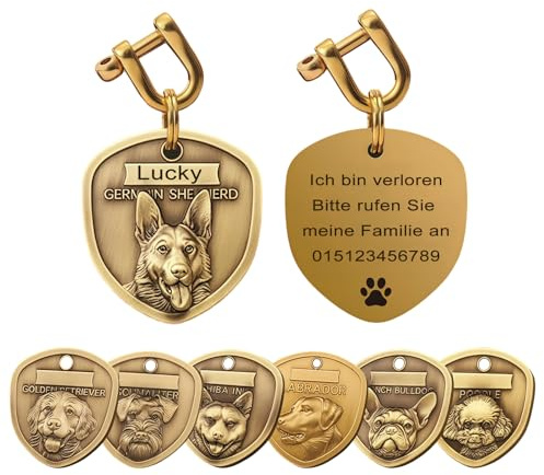 Personalisierte Hundemarke aus Messing mit Gravur - 3D-Relief Hundekopf, beidseitig gravierbarer - Namensanhänger Adressanhänger Hund ID Tag für kleine, mittlere, große Hunde