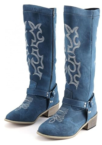 Denim cowboystövlar för kvinnor UK western stövlar för kvinnor vintage vardaglig andningsbar denim rund tå tjocka låga klackar western cowgirls stövel kvinnors knä hög längd ridstövel, BLÅ, 37.5 EU