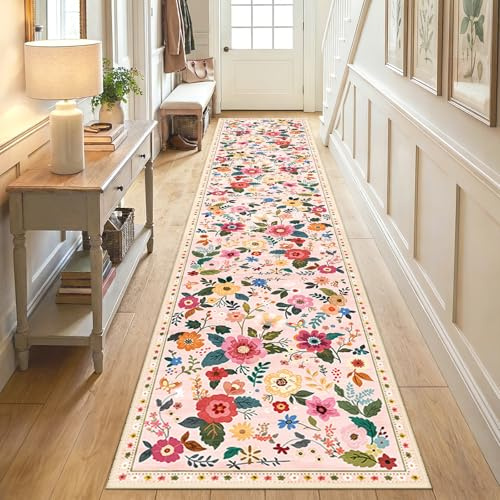 DEFYNEE Teppich Läufer Flur 60x300cm Rosa/Beige, Waschbar Teppichläufer