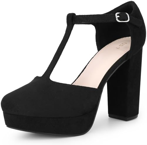 Allegra K Women's Platform Round Toe Heels T-Strap Chunky High Heel Pumps, Black, 7 UK