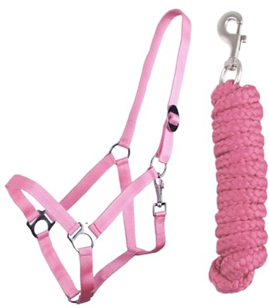 JA4001 Halfter Führstrick Set mit Karabinerhaken verstellbar Pferdehalfter Pferd Holzpferd Anbindestrick (Rosa, Pony)
