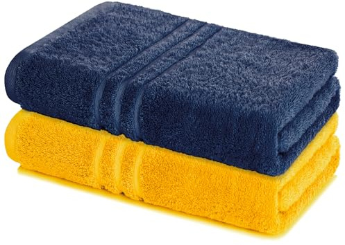 Lavea® Set 2 Asciugamani Bagno 80x200 cm in Spugna 100% Cotone Morbidi e Assorbenti – Ideali come Asciugamani Doccia Grandi e come Asciugamano Palestra – Blu Navy e Giallo Colza