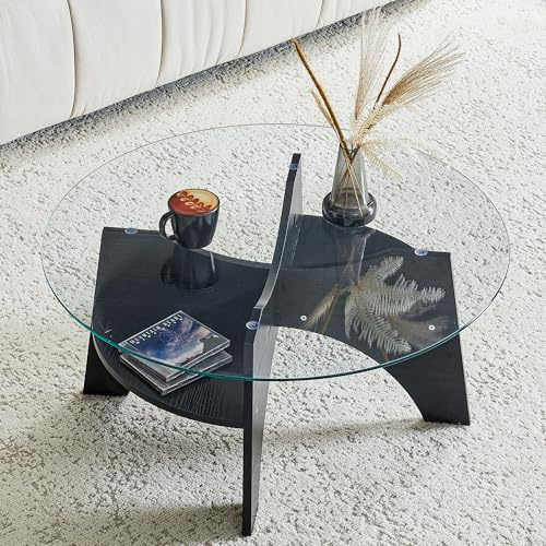 JUFU Couchtisch Glas, Wohnzimmertisch mit Stauraum modern, Glastisch Kaffeetisch Ø80cm mit Oberfläche aus Hartglas und MDF Gestell (Schwarz-Rund)