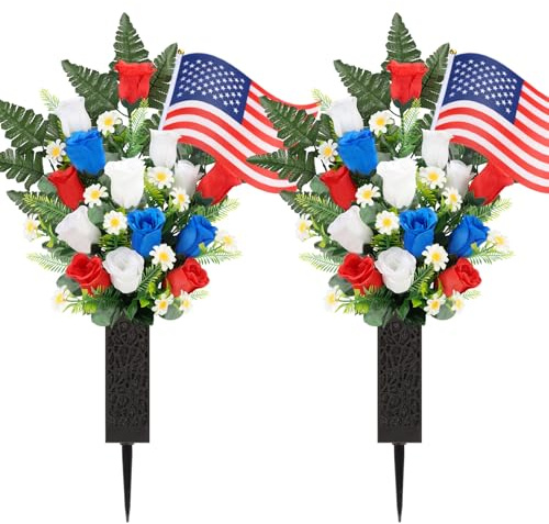 Memorial Day Flowers for Cemetery, 2 Sets Artificial Red White Blue Roses with American Flags Vase Patriotic Cemetery Flowers for Grave, Outdoor Gravesite Tribute Veterans Memorial Day Decorations