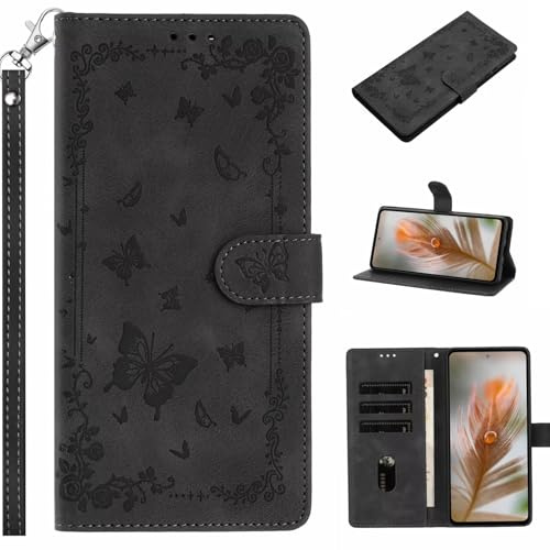 TUUNKMUY Funda de piel para Motorola Moto E13 con diseño de mariposa en relieve, a prueba de golpes, para Motorola Moto E13 con ranuras para tarjetas magnéticas para Motorola Moto E13, color negro