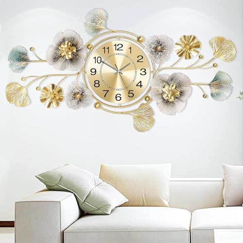 Wanduhr Groß,Wanduhr Wohnzimmer,3D Ginkgoblatt Design - Wanduhren,Kein Tickendes Geräusch,Kann Vertikal Und Horizontal Aufgehängt Werden,für Sofa-Hintergrundwand,Schlafzimmer,Küchenuhr - 83x48CM