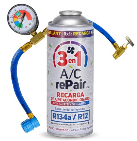 AC REPAIR 3 en 1 Kit Recarga Aire Acondicionado Coche con Aceite y Sellante Detector Tapa Fugas 220g Sustituto Gas Refrigerante R134a R12 Manómetro LP Recambio con Sellador Compatible Coches 1992-2016