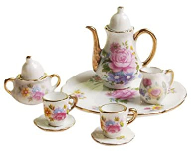 Juego de Tazas de té de cerámica en Miniatura, 8 Uds., 1:12, Estampado de Flores de Porcelana, Adornos Dorados, Accesorios de Cocina para casa de muñecas