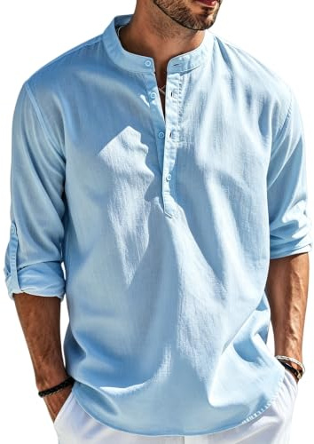 Cegerne Camicia Lino Uomo Maniche Lunghe Estiva Leggera Traspirante Henley Casual Maglietta Casacca Vacanze Spiaggia, Blu, L