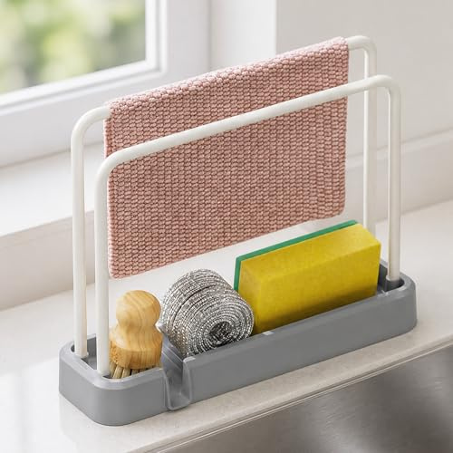 Sink Kitchen Organiser - Sink Draining Rack with Drip Tray, Multifunctional Sponge & Washing Up Brush Holder, Towel Holder, Space Saving for Windowsill, Kitchen Corner, White Grey, Pack of 1