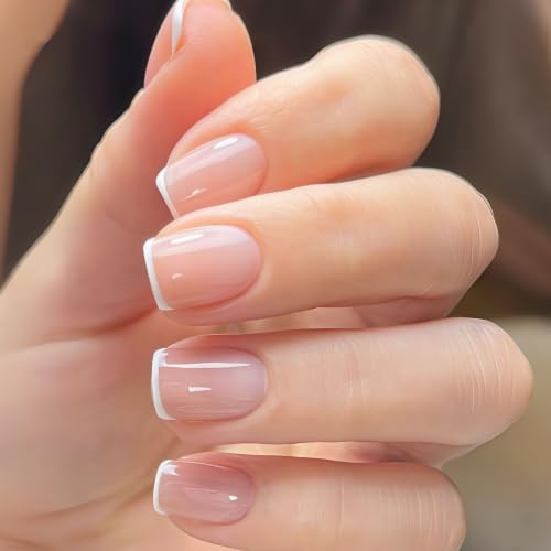 White French Tips Press on Nails Short Square Fake Nails White False Nail Design Solid Nude Glossy Acrylic Nails for Women Girls DIY Manicure Decoration 24Pcs
