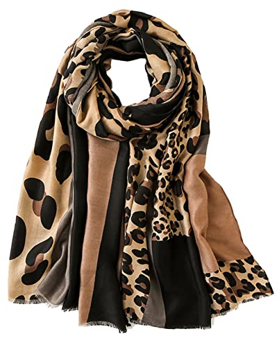 KRUIHAN Sciarpa a Scialle con Motivo Leopardato - Pashmina Scialli Stole per le Donne Stola Morbide Grande Foulard Eleganti Estate Invernale Sciarpe per Matrimoni Feste Spiaggia (Stile A/Marrone)