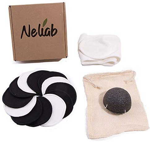 Neliab Discos Desmaquillantes Reutilizables Ecológicos Bambú con Esponja Konjac Esfoliante, Felpa Algodón y Bolsa Lavables - Toallitas Suaves Ideales para Limpieza facial - 12 Discos Maxi