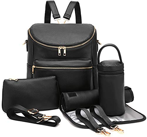 I IHAYNER Wickeltasche, Rucksack, Leder, Rucksack für Damen, groß, mit Troller-Riemen, Kapazität für nasse Kleidung, Milchflasche, Schwarz, 1 Count (Pack of 1), modisch