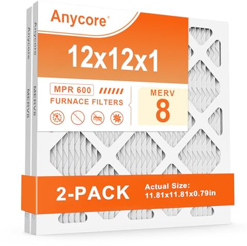 Anycore 12x12x1 Furnace Air Filter MERV 8 MPR 600 FPR 5 HVAC Pleated Filters for Home Office 2-Pack (Actual Size: 11.81x11.81x0.79 inch)