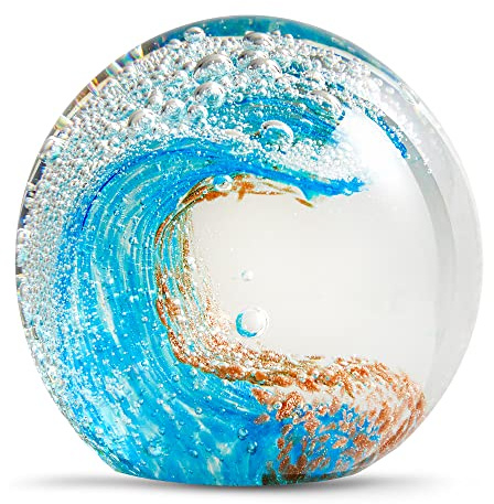 EUSTUMA Hand Blown Glass Figurines Ball Ocean Waves,Office Paperweight Glass for Desk,Home Decor Collectible,Aquarium Decor,Office Decor Ocean Lovers (Blue)