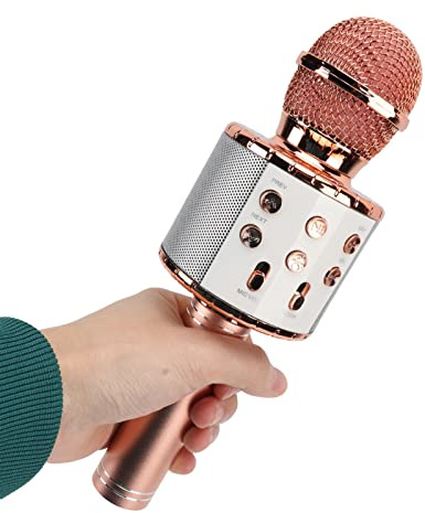Luqeeg Micrófono de Karaoke Inalámbrico, Altavoz Portátil de Mano con Luz Intermitente LED, Altavoz HiFi Multifunción, Regalos para Fiestas, Niñas, Niños, Adultos (Oro Rosa)