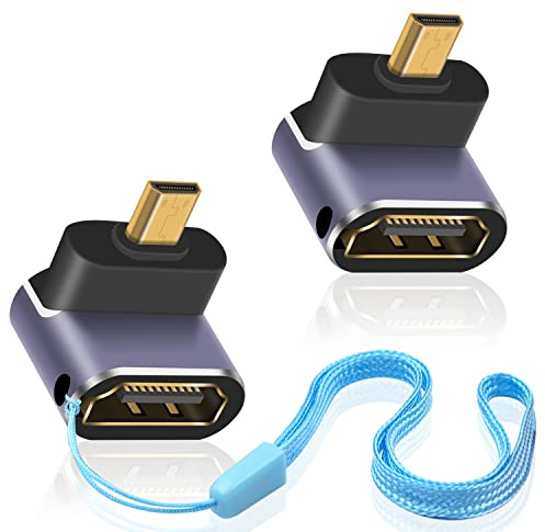 Duttek 8K Down Angle 90 Degree HDMI to Micro HDMI Adapter, Male to Female, Micro HDMI Adapter, with LED Light and Perforated Design for Cameras Camcorder DC (2 Pack)