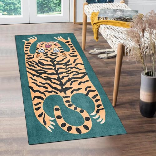 Tiger Flurläufer, 6 x 152 cm, Grün, Vintage, Boho, Küchenteppich, rutschfest, für Waschküche, Badezimmer