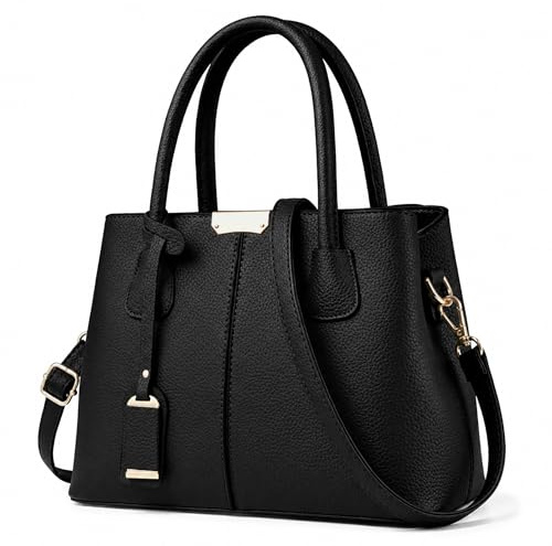 FOLOVEYA Schwarz Handtasche Damen Mode PU-Leder Tasche mit Anhänger | Elegante Große Henkeltasche, Damen Schultertasche mit mehreren Fächern, Umhängetasche mit Gurt für Alltag Arbeit Reisen