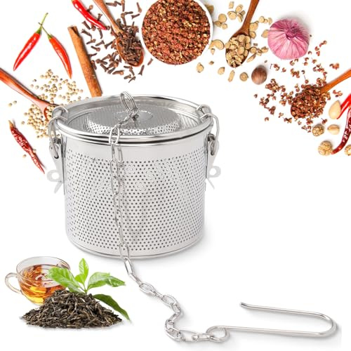 Tissting Teesieb Gewürzsieb 11,3cm Edelstahl Gewürzfilter zum Mitkochen | 0,95L Kräutersieb zum Kochen mit Verlängertem Kettenhaken, Extra Feinmaschiges Gewürzkugel Teeei für Losem Tee Küchen Koch