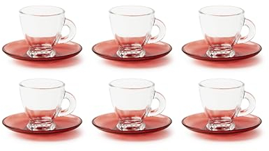 Excelsa Petra Set 6 Tazzine Caffè con Piattino, Vetro, Trasparenti e Rosso, Capacità 90 Ml.