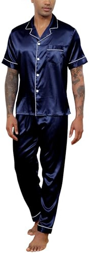 Reliwel Pyjamas, herr, lång satin, pyjamas-set, tvådelad, långärmad, knappslå hemmadräkt och pyjamasbyxor, sidenpyjamas, nattkläder, män, hemmakläder, sovkläder, loungewear, Marinblå, XXL