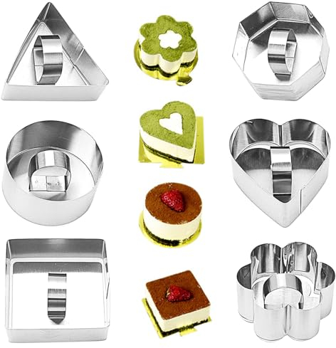 6 Piezas Anillos de Postre, Pequeños Anillos de Tarta, Juego de Anillos de Tarta con Prensador Anillos de Mousse de Acero Inoxidable Anillos de Comida para Postres, Tartas, Varias Formas, Ø 8 cm