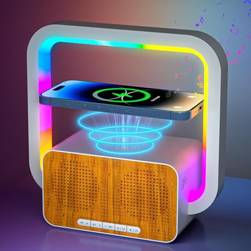 AUYLE Altavoz Bluetooth con Luz Nocturna y 15W Cargador Inalámbrico, lamparas de mesita de Noche con Control táctil y 5 Modos de iluminación RGB (Beige)
