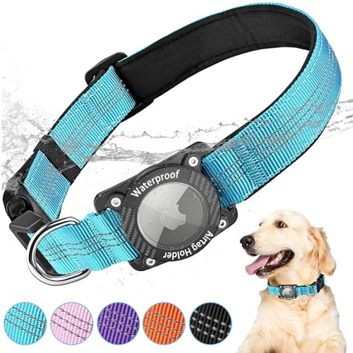 AgoumLux Airtag Hundehalsband mit Airtag Hülle Wasserdicht, GPS Tracker für Hunde Kompatibel mit Apple Air Tag Halsband für Kleine, Mittlere und Große Hunde, Blau, M