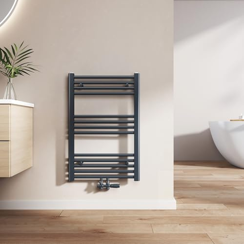 EMKE Radiador Toallero 750x500 mm, Antracita 291 W | Radiador de Baño con Conexión Central, Calentador de Toallas, Secador de Toallas, Radiador de Baño