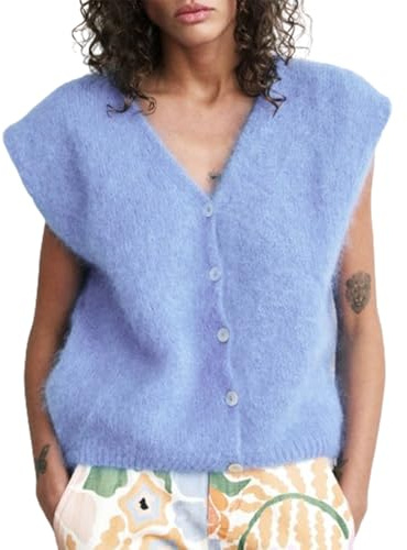 Caziffer Tank Top Femme Tricoté à Couleur Unie Gilet sans Manche avec Poches Cardigan Boutonné Décontracté pour Femme Automne Hiver (Bleu Ciel A, S)