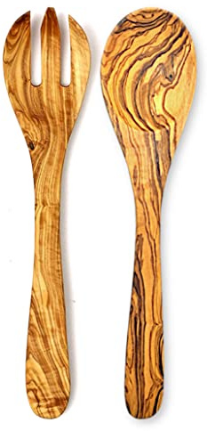 Stilux® Salatbesteck aus Olivenholz 30 cm | 2-tlg Holz Servierbesteck: Salatgabel & Salatlöffel | Praktische Küchenhelfer Servierlöffel Holzbesteck: Löffel und Gabel | Hygienisch und langlebig