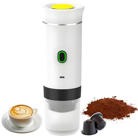 Spalivivre Cafetera portátil 3 en 1, Cafetera Espresso Compatible con Cápsulas Grandes y Pequeñas, Café Molido, Inalámbrica y Con Calentamiento Automático, Para Viajes, Coche, Oficina (Blanca)