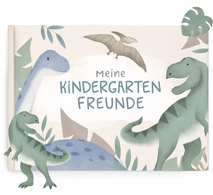 mintkind® Freundebuch Kindergarten – Freundschaftsbuch Dino Aquarell mit 80 Seiten zum Ausfüllen – Für Jungen und Mädchen – Meine Kindergartenfreunde Buch