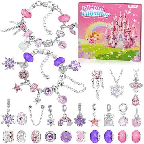 Adventskalender für Kinder 2025, Advent Kalender für Mädchen zum Herstellen von Schmuck mit 24 Überraschungen und Accessoires, DIY Armbänder und Halsketten für 6-13 Jahre – Rosa und Violett