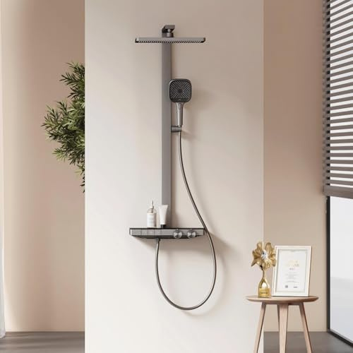 EMKE Regendusche mit Thermostat, Regendusche 360x240 mm, Anthrazit Matt | Wassermenge einstellbar, 3 Strahlarten, Handbrause 4 Strahlarten, 400 mm Ablage, Höhenverstellbar, Duschsystem für Badezimmer