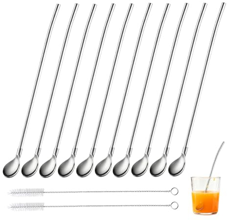 10 Pailles Cuillère en Métal Réutilisables 2 en 1, Pailles à Boire Cuillère en Acier Inoxydable, Cuillères à Cocktail avec 2 Brosses de Nettoyage pour Smoothies, Laits, Frappés, Cocktail et Milkshakes