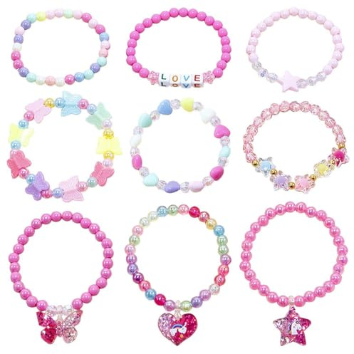 LBAAUX 9 Colorful Beaded Bracelets, Butterfly Love Pendant Bracelets, Cute Stacked Bracelets, Adjustable Children's Accessories, Exquisite Birthday Gifts.