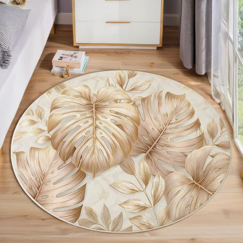 JEDTAKCT Alfombra Redonda De Monstera Metálico 3D Beige Lavable Pelo Corto para Dormitorio Interior, Planta Elegante Alfombra Circular Antideslizante Decorativa para Sala De Estar, 200 Cm